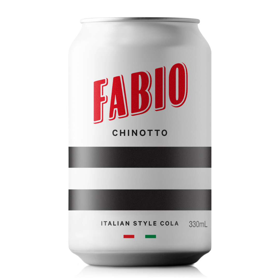 Can of Fabio Chinotto Italian Style Cola on a white background