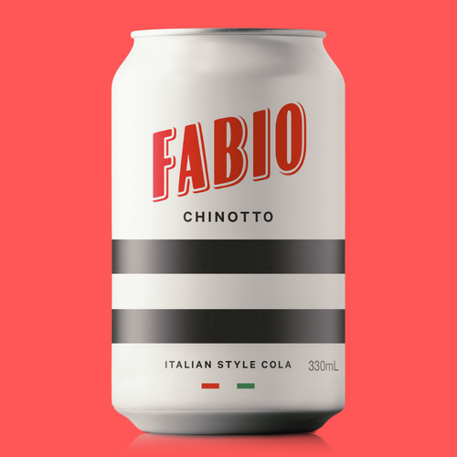 Can of Fabio Chinotto Italian Style Cola on a red background
