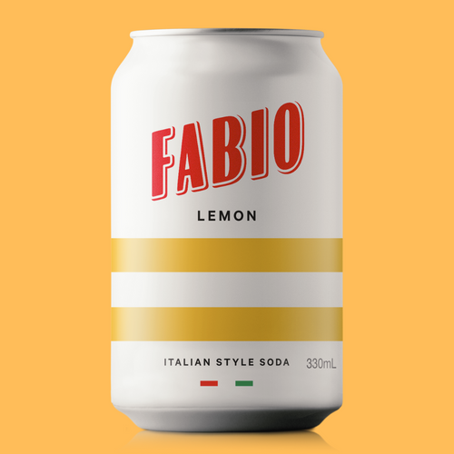 Can of Fabio Lemon Italian Style Soda on a yellow background
