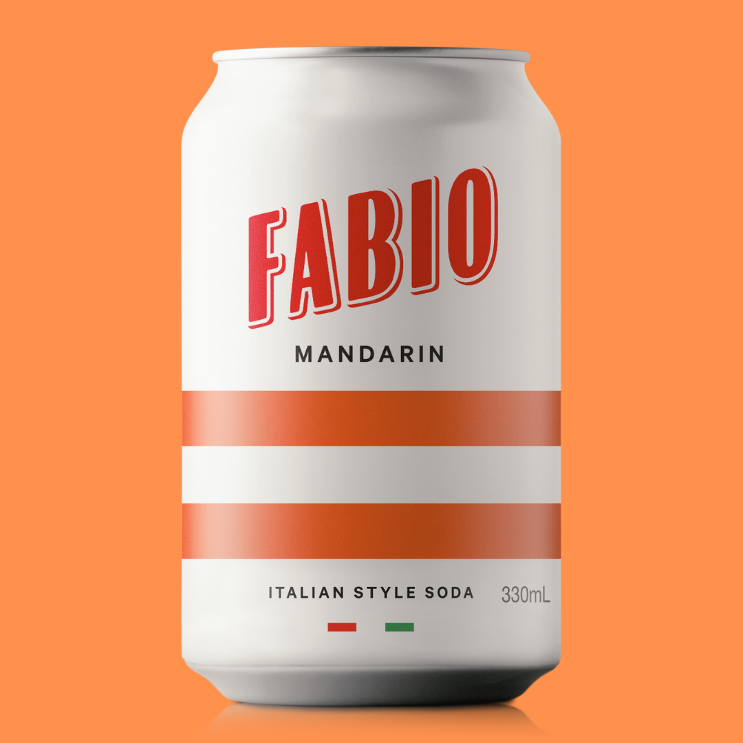 Can of Fabio Mandarin Italian Style Soda Australia's Number One adult soft drink